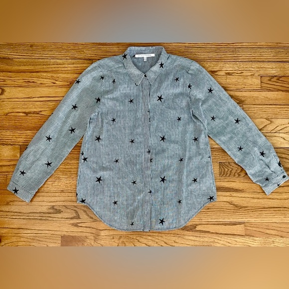 Collective Concepts Black Stripe Seersucker Stars Ruffle Button Down Shirt M - Picture 6 of 9